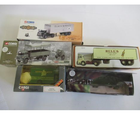 Corgi Classics ERF Artic black and white, AEC box trailer Bells, British Army trucks and Bedford "O" van, all items boxed, E 