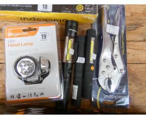 A new LED headlamp, new 10" locking pliers and 3 new cobb torches 