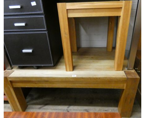 A heavy chunky light oak long coffee table and a matching square table 