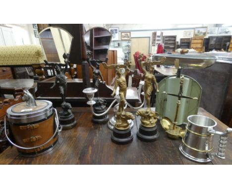 Four various spelter figure mirror stands, kitchen scales, brass balance scales, tankard, biscuit barrel and a candelabra 