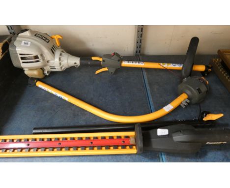 A Ryobi extending petrol engine strimmer with hedge trimmer attachment 