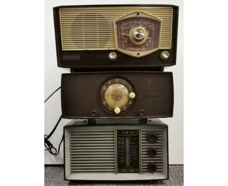 A Little Maestro Bakelite radio together with a Cossor Bakelite radio and a His Masters Voice radio alarm clock.