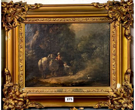 A 19th Century gilt framed oil on canvas of a woman and child with a pony playing with a dog, frame size 60 x 53cm. Condition