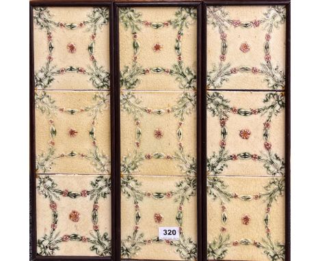Three frames containing nine 19th Century ceramic tiles.