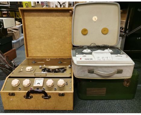 A cased Ferrograph tape recorder, a cased Grundig Reporter reel to reel tape recorder and a cased Elizabethan Popular tape re