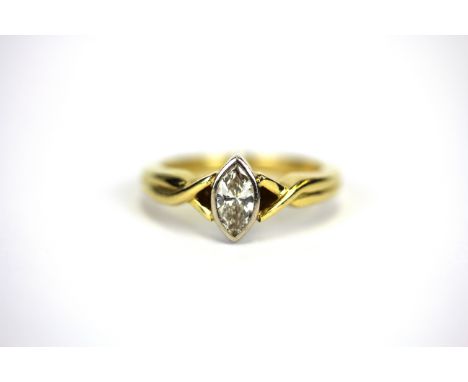 An 18ct yellow gold ring set with a marquise cut diamond, approx. 0.50ct, (K).