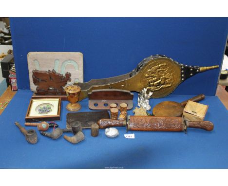 Two boxes of Treen to include; bellows, a Welsh dragon hand carved on oak, old pipes and pipe rack, vintage carved oak butter