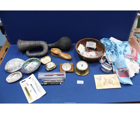 A quantity of miscellanea including old car horn, treen bowl and novelty ashtray, Smiths small brass cased barometer and one 