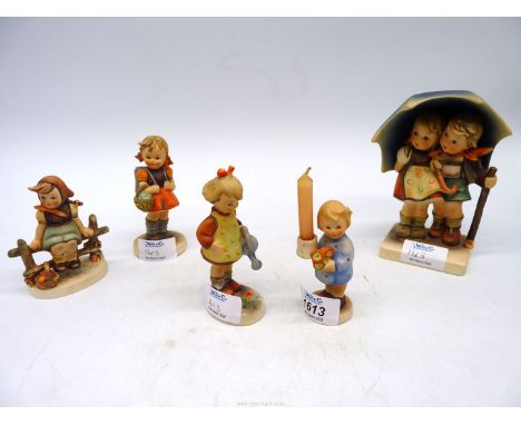 Four small Hummel girl figures including 'Little Gardener' a/f., 'School Girl', 'Just Resting' and another, approx. 4 1/2" ta