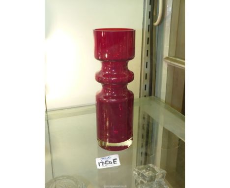 A Swedish Alsterfors red hooped glass vase by Per Olof, 8 1/4" tall.