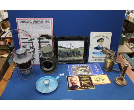 A quantity of miscellanea to include a copper candlestick, enamel candle holder, old railway lamp converted to 240v, blow lam
