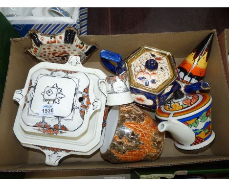 A quantity of china to include; Sylvac pot, Brian Wood sugar sifter, Arthur Wood 1930's Gaudy teapot and stand, plus Crown Du