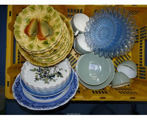 A set of French Sarreguemines Majolica, six Poole Pottery cups and saucers and a blue glass dessert set to include Villeroy &