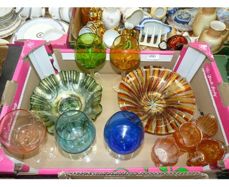 A quantity of glass including coloured wine glasses on twist stems, carnival glass, etc.