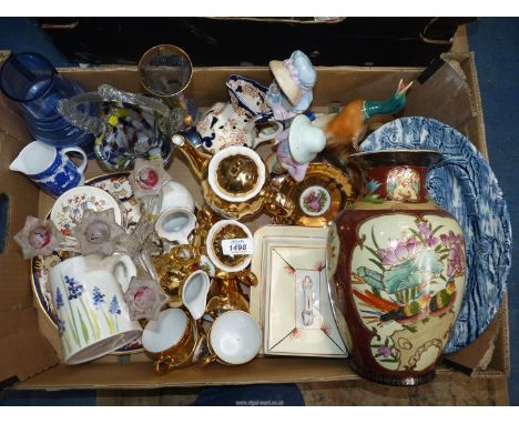 A box of china and glass including gold 'Swydun' London tea set, Mason's Mandalay plate, Satsuma style vase, etc.