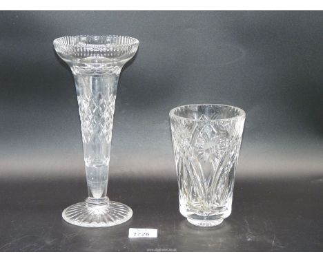 Two cut glass vases including trumpet shape and conical shape with frosted base.