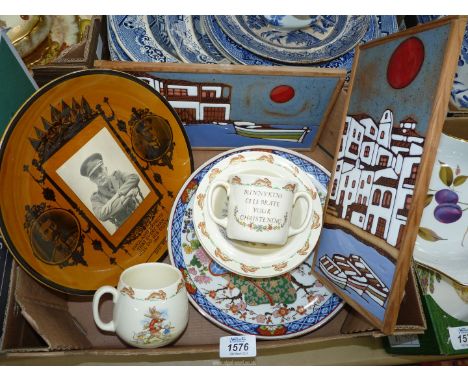 Two framed wall tiles depicting harbour scenes, a Japanese wall plate, plus three Royal Doulton 'Bunnykins' cereal bowls and 