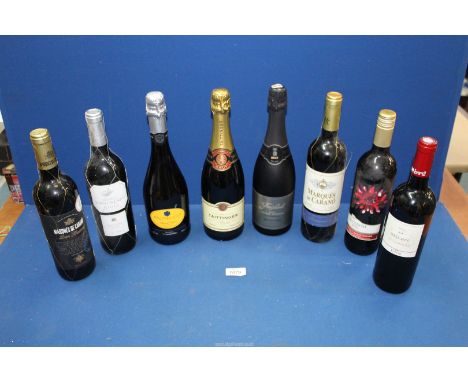 Five bottles of red wine including Marques de Carano 2001 and 2008, San Lorenzo Rioja 2003, Les Terraces Malbec 2014, plus th