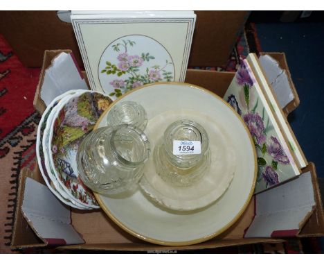 A quantity of china including; Royal Worcester Rose collection plaques, Royal Albert display plates, mixing bowl, tile plaque