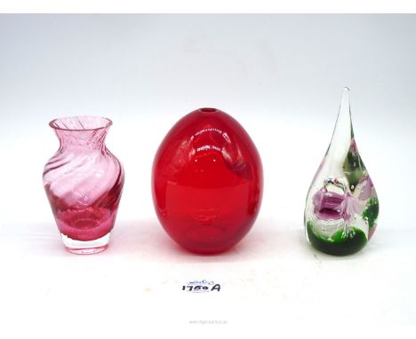 A heavy red ovoid glass stem vase, 5 1/2" tall, Sommerso swirled Caithness vase with pink shades and thick clear base, 5" tal