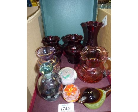 A small quantity of glass including Ruby red vases, cranberry jug, paperweights, stoppered bottle, etc.