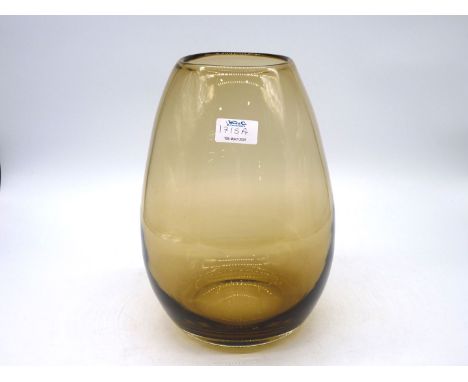 A 20th C very heavy, thick Scandinavian smoked glass vase with smooth rounded rim, 11 1/2" tall x 8" wide.