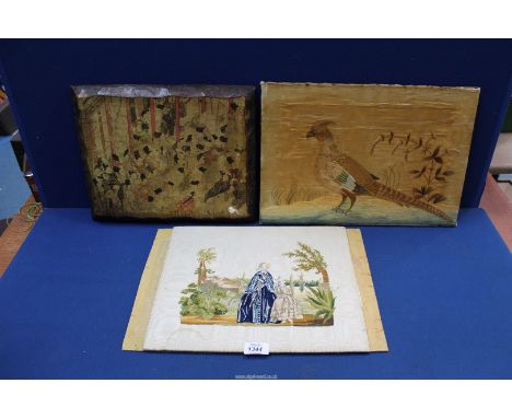 A Silkwork*** pheasant and a piece of Japanese art Print on wood and a small needlework picture of Victorian Mother and daugh