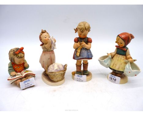 Four large Hummel girl figures to include 'A Stitch in Time', 'Wash Day', 'Book Worm', plus another, tallest 6 3/4".