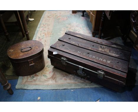 A Metal hat box in simulated oak paint finish, 19th century, original condition and a Tin trunk, in simulated painted crocodi