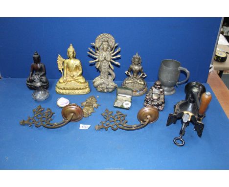 A quantity of miscellanea to include; Buddha figures, Spong & Co coffee grinder, candle stands for a piano, pewter tankard, s