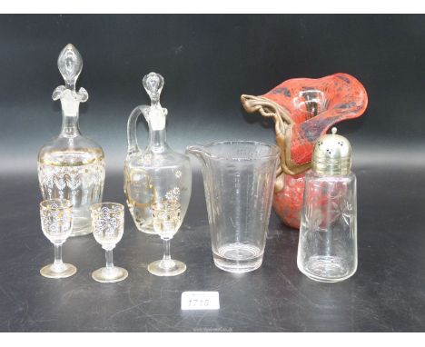 A small quantity of glass including Mary Gregory style decanter and glasses, sugar shaker, 'Allenbury's' measuring beaker etc