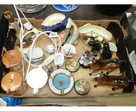 A quantity of china ornaments including; Goebel table lamp, Limoges trinket pots and atomizer, Hornsea flower trough, Royal D