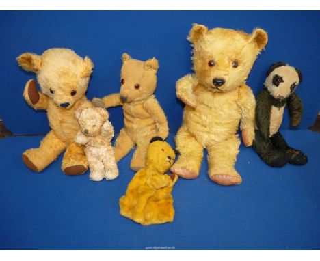 A small quantity of Teddy bears including Sooty hand puppet, Panda (worn condition), jointed, etc.