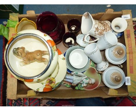 A quantity of miscellaneous china including; Staffordshire figure of a hunter, Ewenny jug, Delft vase, etc. Plus a ruby glass