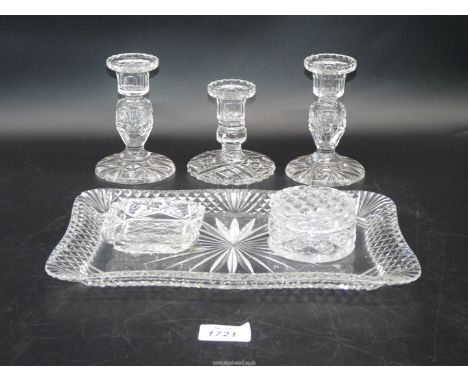 A small quantity of Dressing table glass including tray, candlesticks, ring tray and trinket pot.