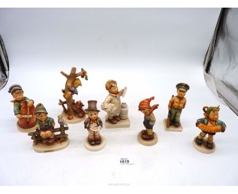 Eight Hummel boy figures to include 'Street Singer', 'Cello Player', 'Accordion Boy', 'Soldier Boy', 'Little Pharmacist', etc