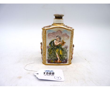 A Doccia style perfume flask and stopper c. 1900 decorated with mythological figures in relief, crowned N mark to base, 4 1/2