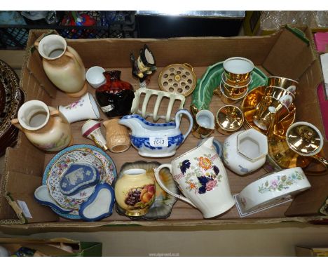 A quantity of china including Bond ware lustre coffee set, Aynsley clock and vase, Carlton ware toast rack, Wedgwood blue Jas