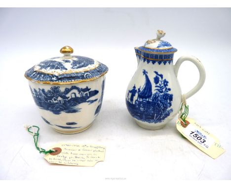 A 18th century Worcester sucrier (a/f.) and jug (in Fisherman & Cormorant pattern)