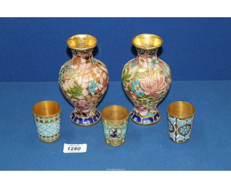 Three Russian 916 Silver Gilt and Enamel Vodka cups, one with circular plaque, (some damage to enamel) & two cloisonne style 