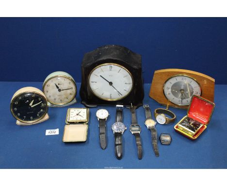 A Smiths Bakelite Mantle clock and two Westclox clocks, plus watches, etc.