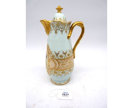 A Dresden Coffee Pot with pale blue ground, Gilt highlights & a circular hand painted panel to front depicting a lady & gent 