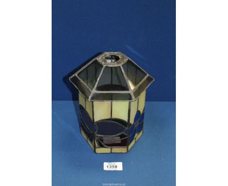 An antique stained glass hexagonal Lantern Hood in Tiffany style, having multi-coloured panels enclosed within lead strips, (
