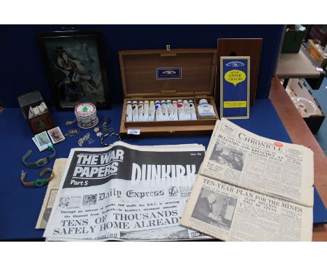 A quantity of miscellanea to include; framed print on glass of an Oriental lady playing a lute, tin of tea cards, old newspap