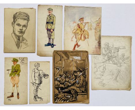Six WWI painted and b+w sketches by Eric Parker, four signed with an Eric Parker self portrait pencil sketch signed and dated