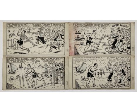 George Formby original 4-panel artwork (1942) by George Wakefield for Film Fun 23 May 1942. George is chased by autograph hun