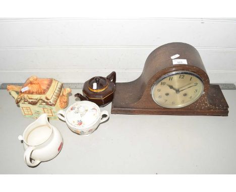 Mixed Lot: An oak cased mantel clock together with cottage ware teapot and other items