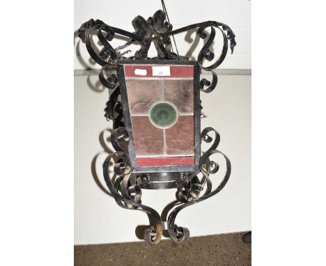 20th Century iron and leaded glass mounted lantern style ceiling light fitting