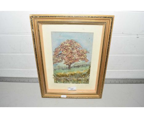 Mixed media needlework and fabric picture of an autumn tree, gilt framed