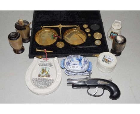 Mixed Lot: Cased brass beam scales, a small lighter formed as a gun, small horn condiment pots, crested china wares and other